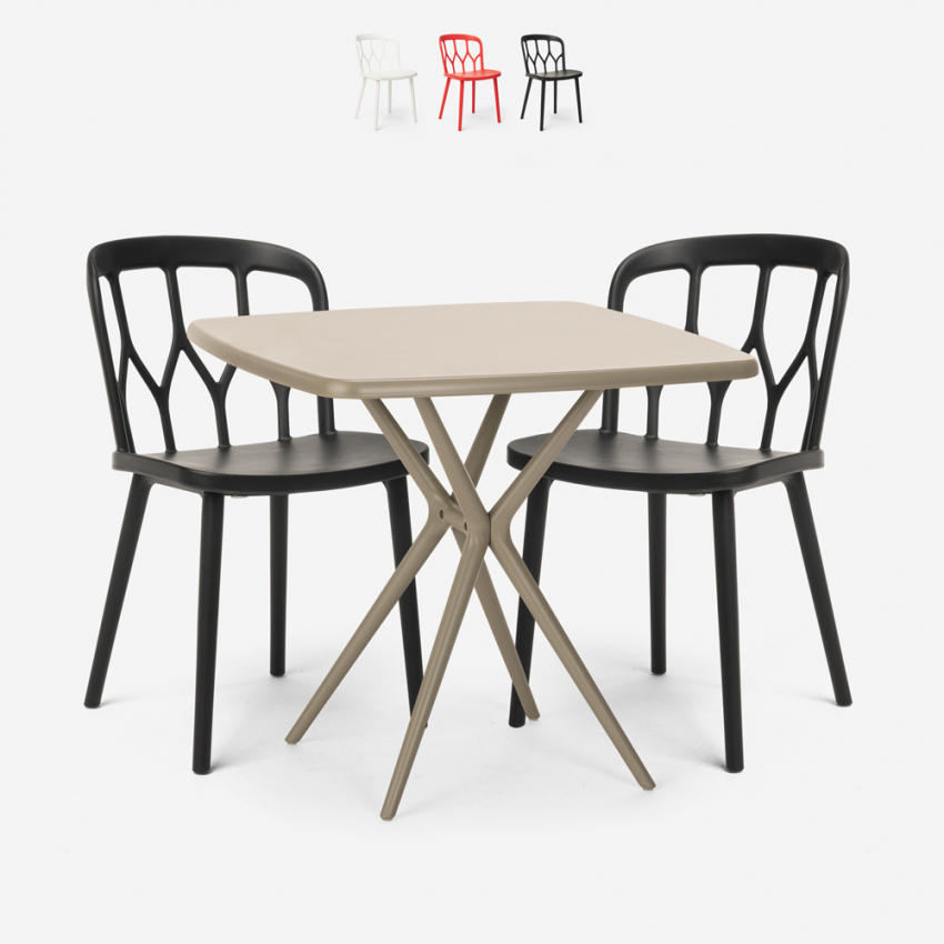 Ensemble 2 Chaises Design Polypropylène et 1 Table Carrée 70x70cm Beige Jardin Bar Restaurant Saiku Vente