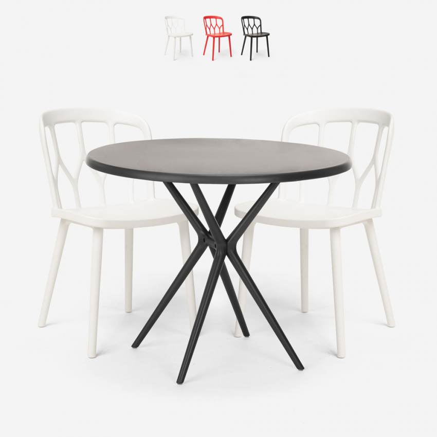 Set met ronde zwarte tafel 80x80 cm en 2 polypropyleen stoelen Kento Dark Verkoop Set met ronde zwarte tafel 80x80 cm en 2 polypropyleen stoelen Kento Dark Verkoop