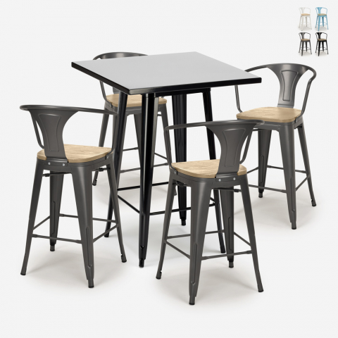 Ensemble Table Noire 60x60cm Industriel 4 Tabourets Tolix Bucket Black Top Light Promotion