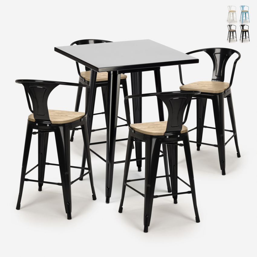 Set met hoge zwarte tafel 60x60 cm en 4 barkrukken Bucket Black Top Light Verkoop Set met hoge zwarte tafel 60x60 cm en 4 barkrukken Bucket Black Top Light Verkoop
