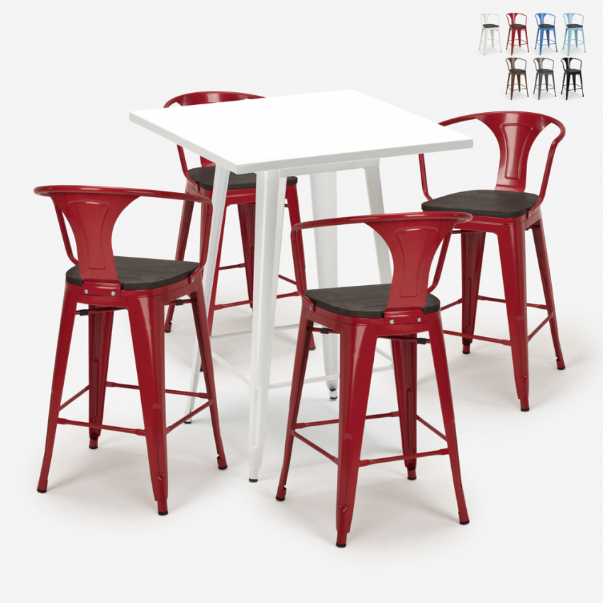 ensemble 4 tabourets table haute 60x60cm métal blanc bucket wood white Choix ensemble 4 tabourets table haute 60x60cm métal blanc bucket wood white Choix