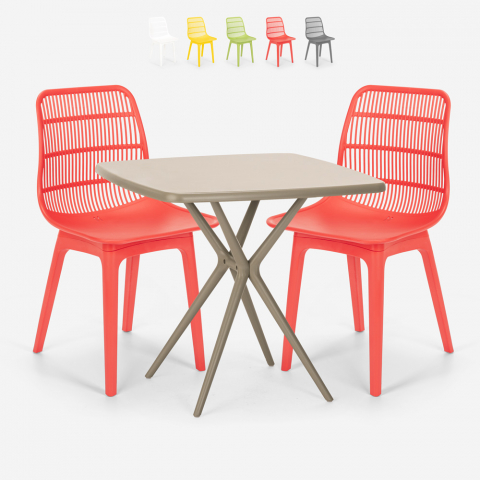 Set met 2 polypropyleen design stoelen en vierkante beige tafel 70x70 cm Cevis Aanbieding