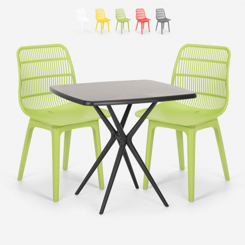 Ensemble Table Carrée 70x70cm Noire et 2 Chaises Design Moderne Jardin Cuisine Cevis Dark