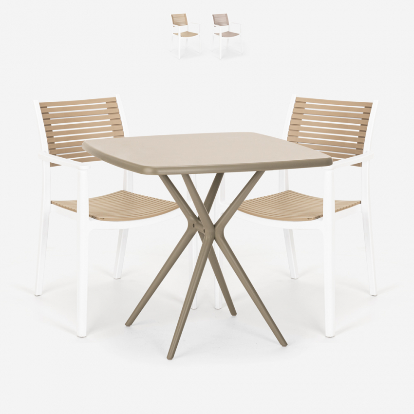 Set met vierkante beige tafel 70x70 cm en 2 polypropyleen design stoelen Clue Aanbieding
