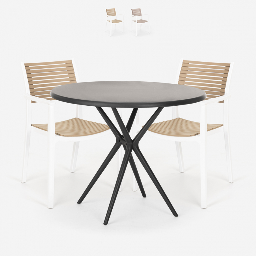 Set met ronde zwarte tafel 80x80 cm en 2 polypropyleen design stoelen Fisher Dark Aanbieding Set met ronde zwarte tafel 80x80 cm en 2 polypropyleen design stoelen Fisher Dark Aanbieding