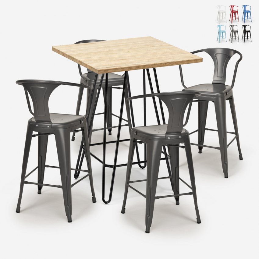 Industriële set met 4 barkrukken en een tafel 60x60 cm Mason Kortingen Industriële set met 4 barkrukken en een tafel 60x60 cm Mason Kortingen