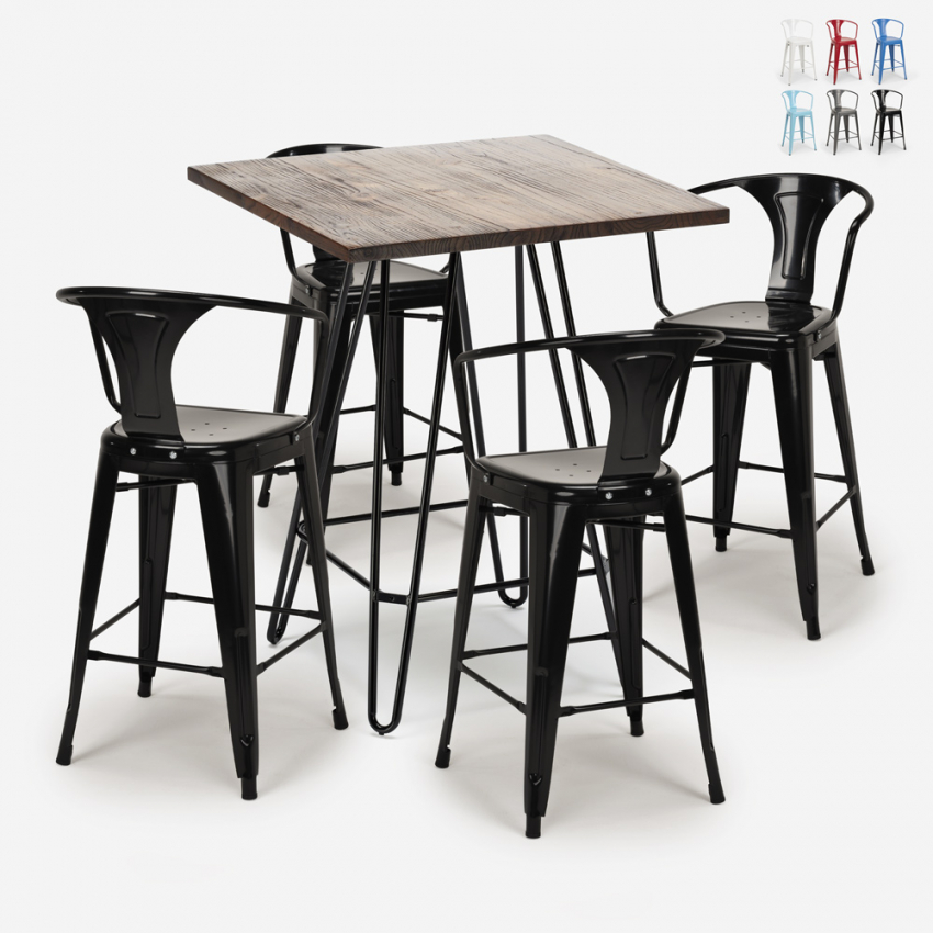 ensemble table bois 60x60cm 4 tabourets industriel cuisine bar mason noix Vente ensemble table bois 60x60cm 4 tabourets industriel cuisine bar mason noix Vente
