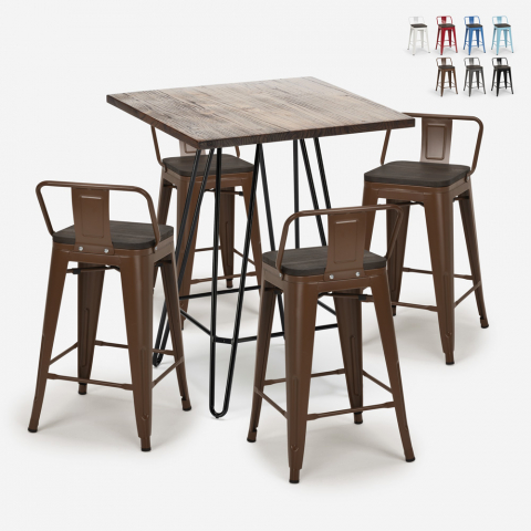 Houten metalen salontafel set 60x60cm 4 krukken tolix Mason Noix Steel Top