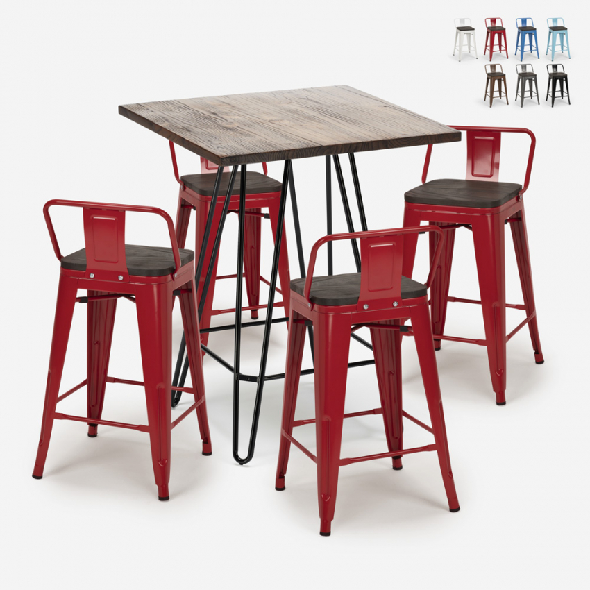 ensemble table bois métal 60x60cm 4 tabourets style mason noix steel top Choix ensemble table bois métal 60x60cm 4 tabourets style mason noix steel top Choix