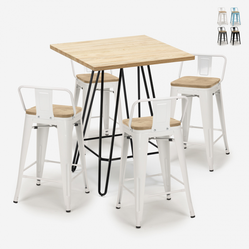 Industriële set met 4 barkrukken en een tafel 60x60 cm Mason Steel Top Light Korting Industriële set met 4 barkrukken en een tafel 60x60 cm Mason Steel Top Light Korting