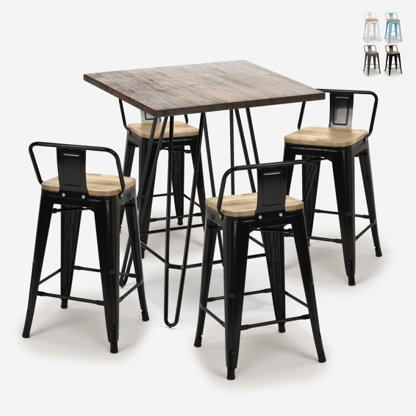 Industriële set met 4 barkrukken en een tafel 60x60 cm Mason Noix Steel Top Light Korting