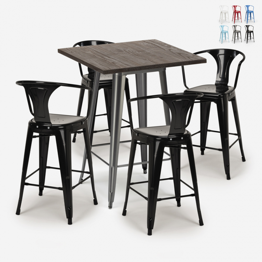 ensemble table haute bois 60x60cm 4 tabourets industriel métal bruck Réductions ensemble table haute bois 60x60cm 4 tabourets industriel métal bruck Réductions