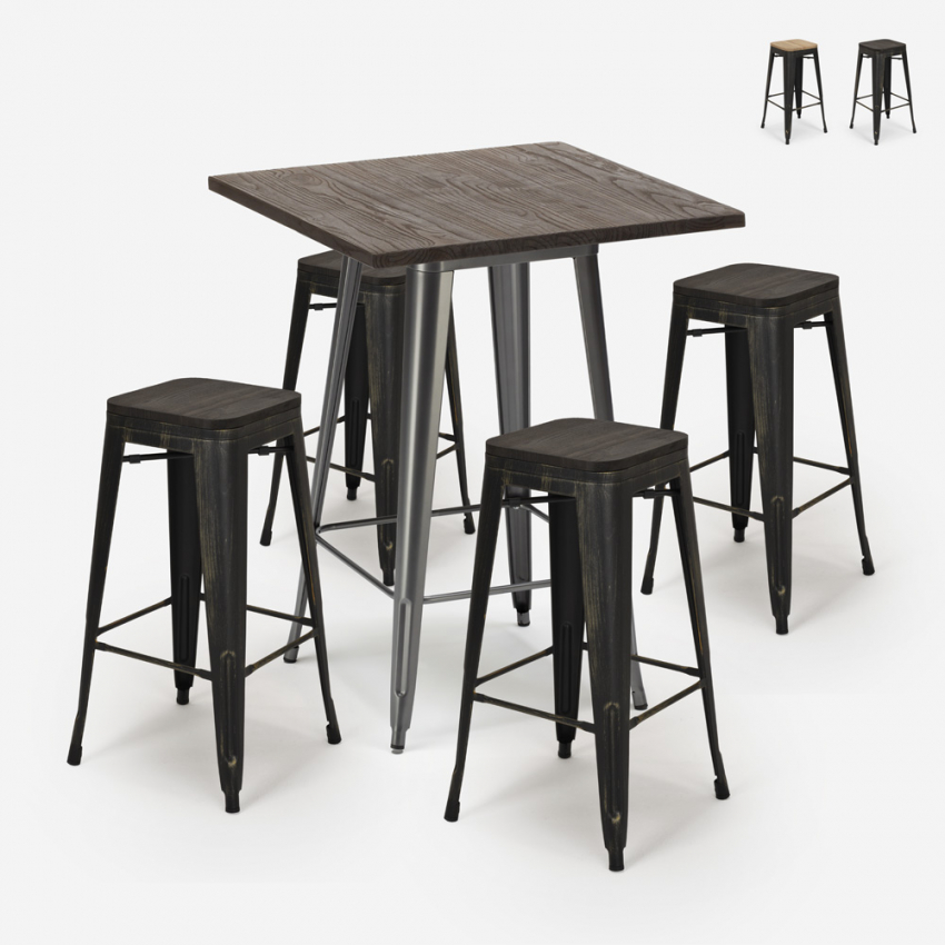 ensemble table haute 60x60cm 4 tabourets bois industriel bar bent Vente ensemble table haute 60x60cm 4 tabourets bois industriel bar bent Vente