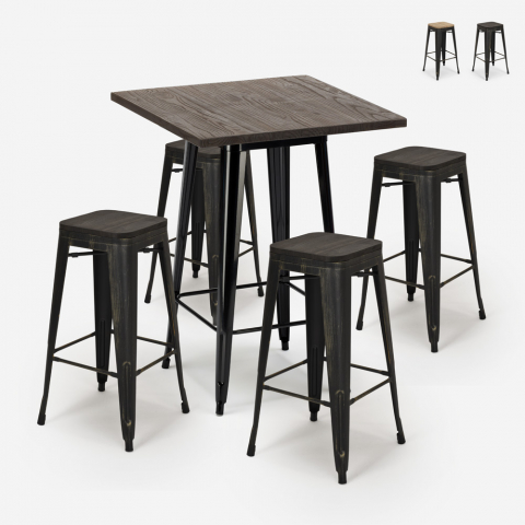 bar set 4 Lix krukken hout industriële hoge tafel 60x60cm bent black Aanbieding
