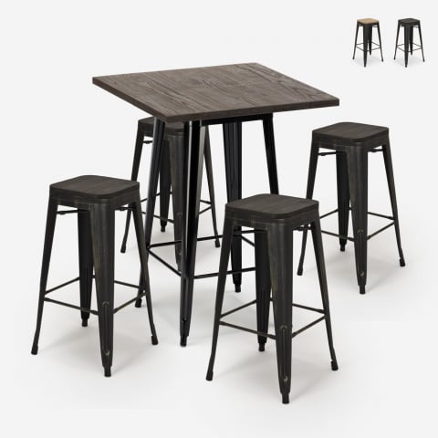 Bar set 4 tolix industriële houten krukken 60x60cm hoge salontafel Bent Black
