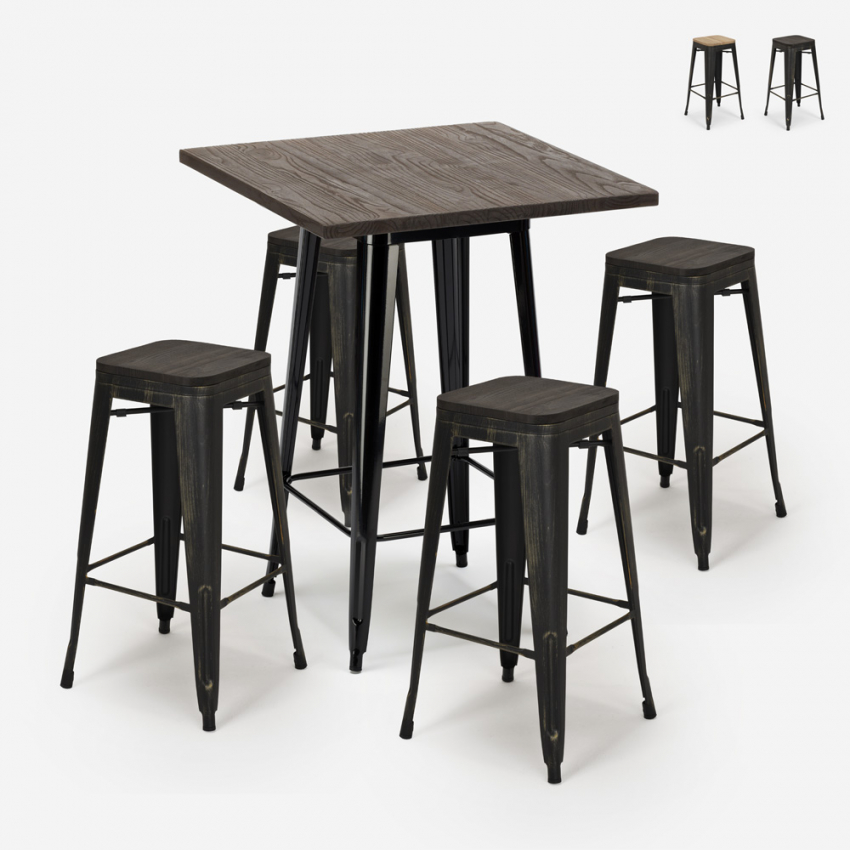 ensemble bar 4 tabourets bois industriel table haute 60x60cm bent black Promotion ensemble bar 4 tabourets bois industriel table haute 60x60cm bent black Promotion