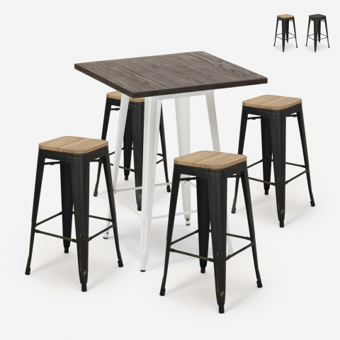 industriële bar set 4 Lix hout krukken hoge tafel 60x60cm bent white Aanbieding