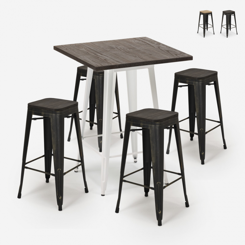 ensemble 4 tabourets table haute 60x60cm bois bar industriel bent white Vente