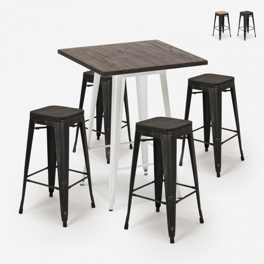 ensemble 4 tabourets table haute 60x60cm bois bar industriel bent white Vente ensemble 4 tabourets table haute 60x60cm bois bar industriel bent white Vente