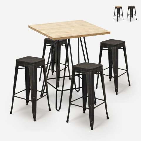 ensemble 4 tabourets bois table haute 60x60cm industriel bar cuisine oudin Promotion
