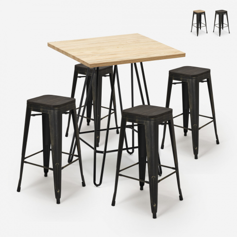Ensemble 4 Tabourets Tolix Bois Table Haute 60x60cm Industriel Bar Cuisine Oudin Promotion