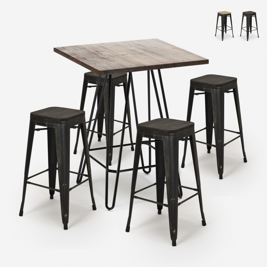 Industriële set met 4 barkrukken en hoge tafel 60x60 cm Oudin Noix Verkoop Industriële set met 4 barkrukken en hoge tafel 60x60 cm Oudin Noix Verkoop