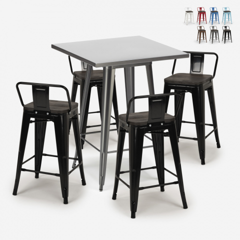 Ensemble Table Haute 60x60cm 4 Tabourets style Tolix Métal Bois Bar Cuisine Buch