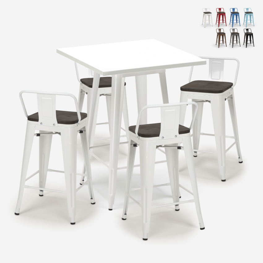 Set met hoge witte metalen tafel 60x60 cm en 4 barkrukken Buch White Aanbod Set met hoge witte metalen tafel 60x60 cm en 4 barkrukken Buch White Aanbod