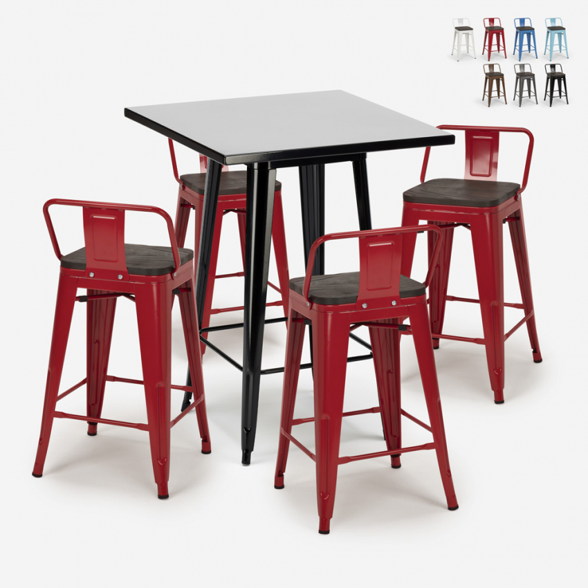 Set met hoge zwarte metalen tafel 60x60 cm en 4 barkrukken Buch Black Voorraad Set met hoge zwarte metalen tafel 60x60 cm en 4 barkrukken Buch Black Voorraad