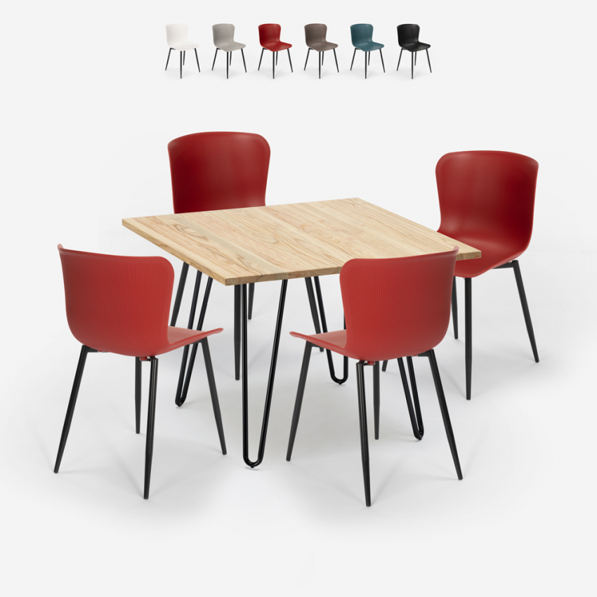 Industriële set met 4 stoelen en vierkante tafel 80x80 cm Claw Light Kortingen