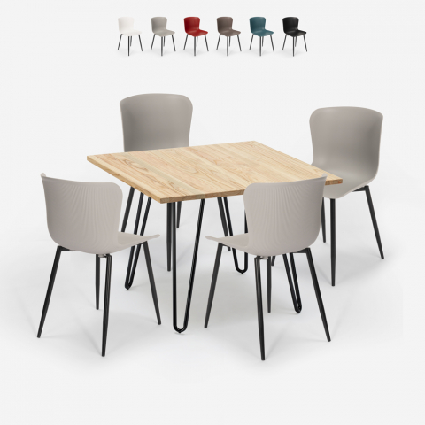 Ensemble 4 Chaises et 1 Table Carrée 80x80cm Design Industriel Claw Light