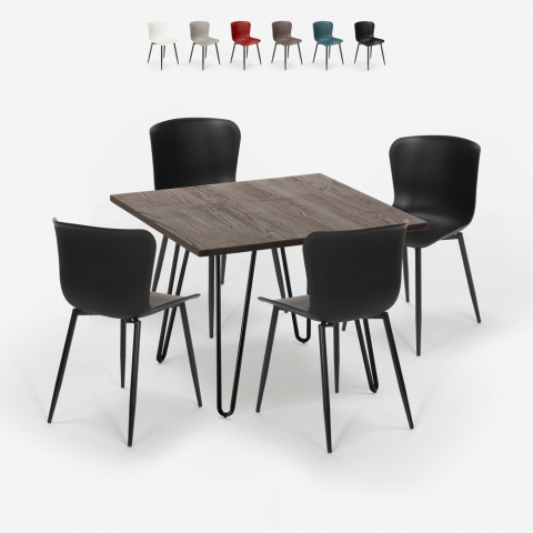 Ensemble Table 80x80cm Carrée et 4 Chaises Style Industriel Métal Claw Dark Promotion