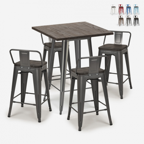 ensemble 4 tabourets Lix table 60x60cm bois métal bar industriel peaky Promotion
