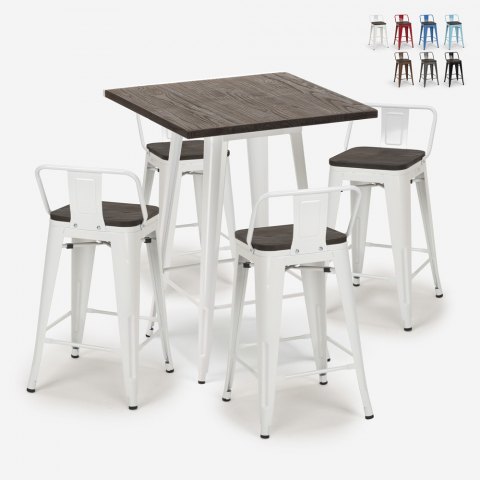 ensemble 4 tabourets Lix bois métal table 60x60cm industriel peaky white Promotion