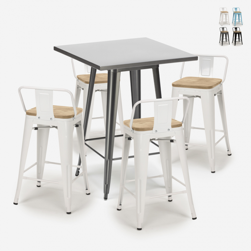 Industriële metalen set met tafel 60x60 cm en 4 barkrukken Bucket Steel Verkoop