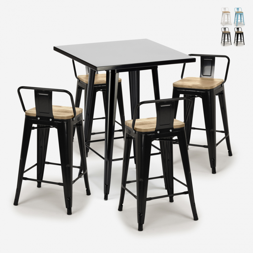 Industriële metalen set met zwarte tafel 60x60 cm en 4 barkrukken Bucket Steel Black Aanbieding Industriële metalen set met zwarte tafel 60x60 cm en 4 barkrukken Bucket Steel Black Aanbieding