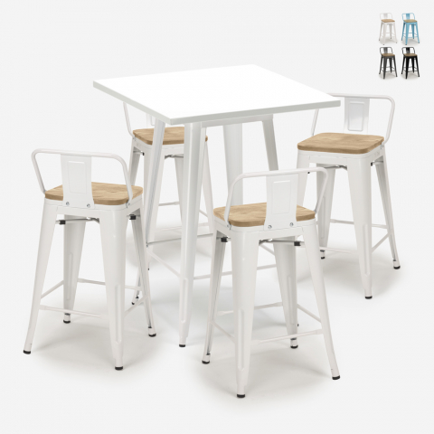 ensemble 4 tabourets style Lix table blanche 60x60cm industriel bucket steel white Promotion