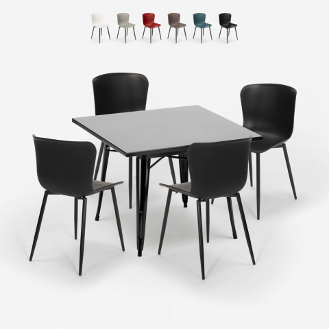 Set 4 stoelen tafel 80x80cm Tolix vierkante industriële stijl Wrench Dark Aanbieding