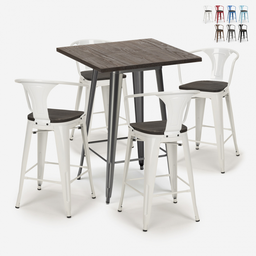 Set met hoge tafel 60x60 cm en 4 industriële metalen barkrukken Bruck Wood Aanbod Set met hoge tafel 60x60 cm en 4 industriële metalen barkrukken Bruck Wood Aanbod