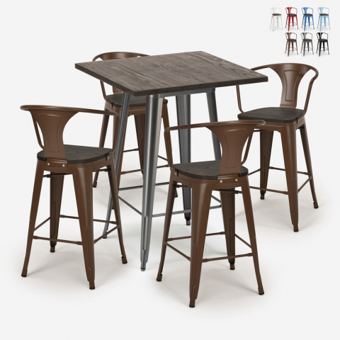 ensemble table haute 60x60cm 4 tabourets Lix bois métal industriel bruck wood Promotion