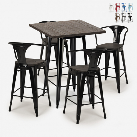 ensemble 4 tabourets Lix table haute 60x60cm métal industriel bruck wood black Promotion