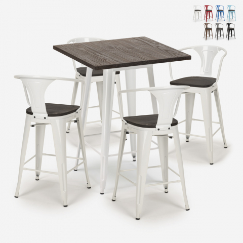 ensemble 4 tabourets Lix table 60x60cm bois métal bar bruck wood white Promotion