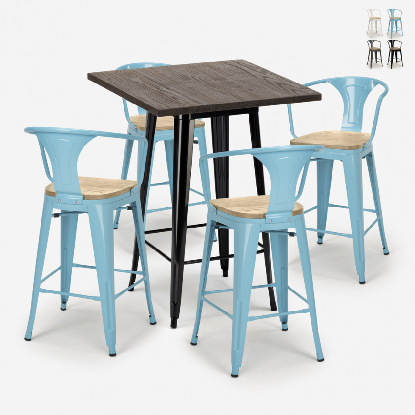 Industriële set met hoge tafel 60x60 cm en 4 barkrukken Bruck Black Top Light Aanbod