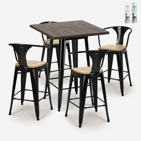 ensemble table haute 60x60cm et 4 tabourets style Lix bar cuisine bruck black top light Promotion