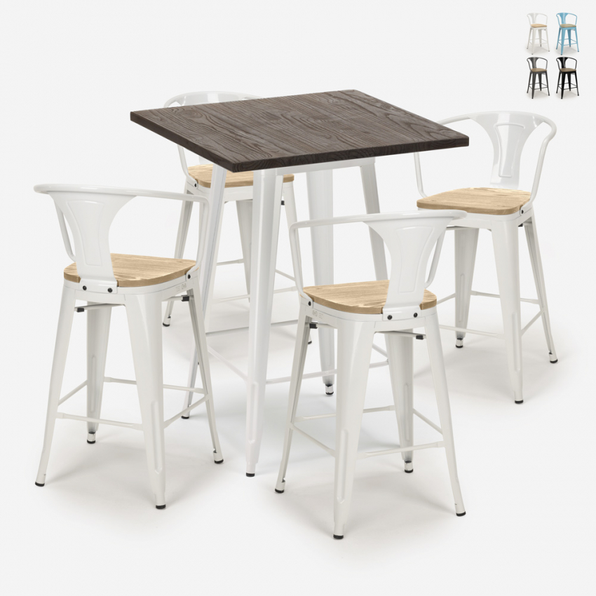 Set met hoge tafel 60x60 cm en 4 industriële metalen barkrukken Bruck White Top Light Aanbieding Set met hoge tafel 60x60 cm en 4 industriële metalen barkrukken Bruck White Top Light Aanbieding