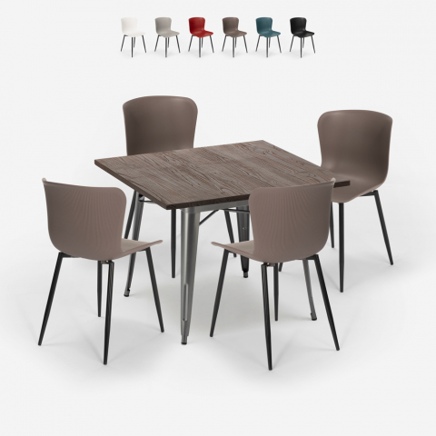 Ensemble Table Carrée 80x80cm Design Industriel et 4 Chaises Cuisine Restaurant Anvil