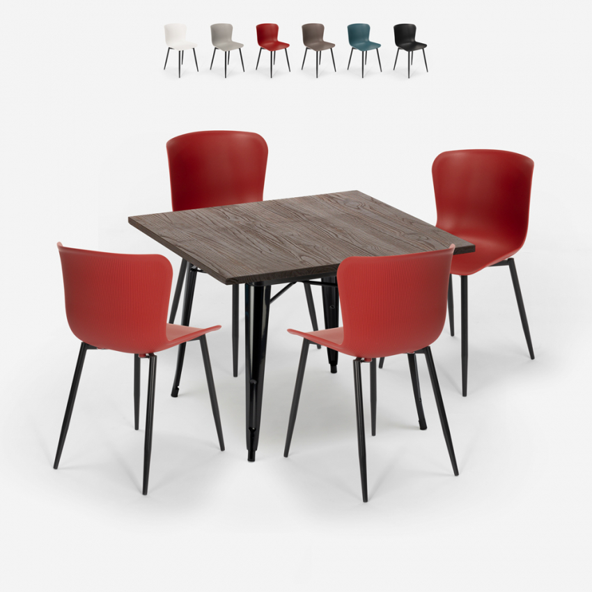 Industriële set met vierkante tafel 80x80 cm en 4 stoelen Anvil Dark Korting
