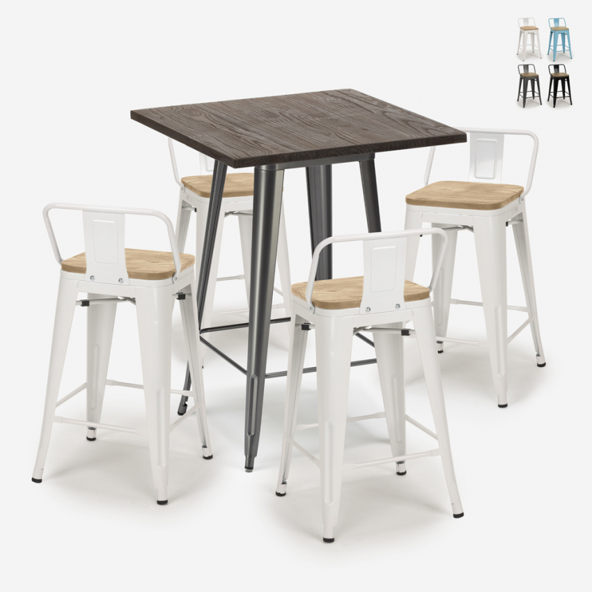 Industriële set met 4 barkrukken en bartafel 60x60 cm van hout en metaal Rough Aanbod Industriële set met 4 barkrukken en bartafel 60x60 cm van hout en metaal Rough Aanbod