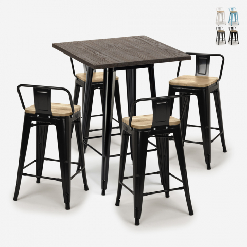 Ensemble 4 Tabourets style Tolix Table 60x60cm Bar Bois Métal Industriel Rough Black Promotion