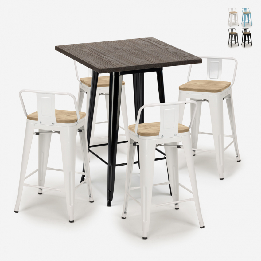 Industriële set met 4 barkrukken en bartafel 60x60 cm van hout en metaal Rough Black Aanbod Industriële set met 4 barkrukken en bartafel 60x60 cm van hout en metaal Rough Black Aanbod